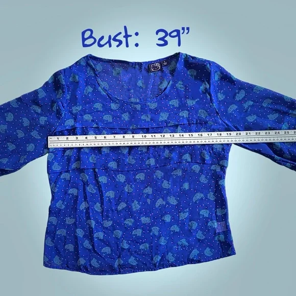 Hello Kitty Sheer Cobalt Blue Ruffle Blouse Women's L, Fits Like M, Pink‎ Hearts - Picture 7 of 10